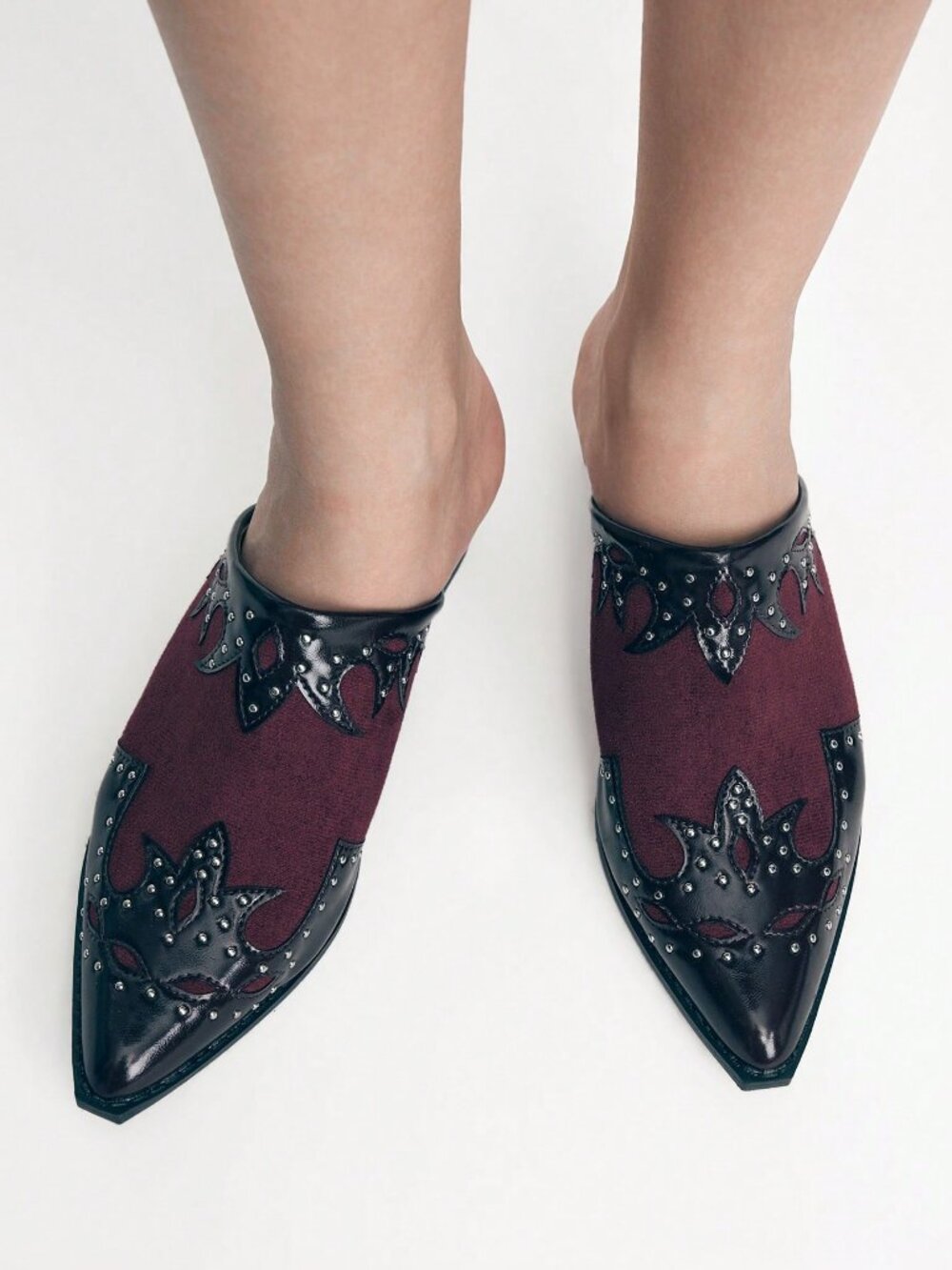 Burgundy Casual Women's Textured Patchwork Mule Chunky Heel Slip-On Shoes